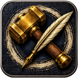 The Argent Ledger crest: a crossed gavel and quill